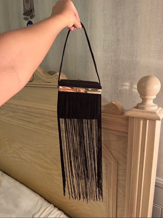 Handbags - Black Fringe Evening Bag with Gold Accent